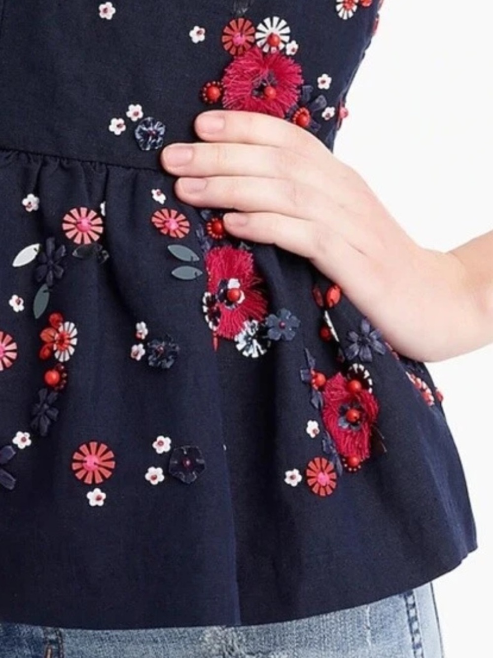 J. Crew Navy V-Neck Peplum Tank with Red & Pink Floral Embroidery - Picture 3 of 4